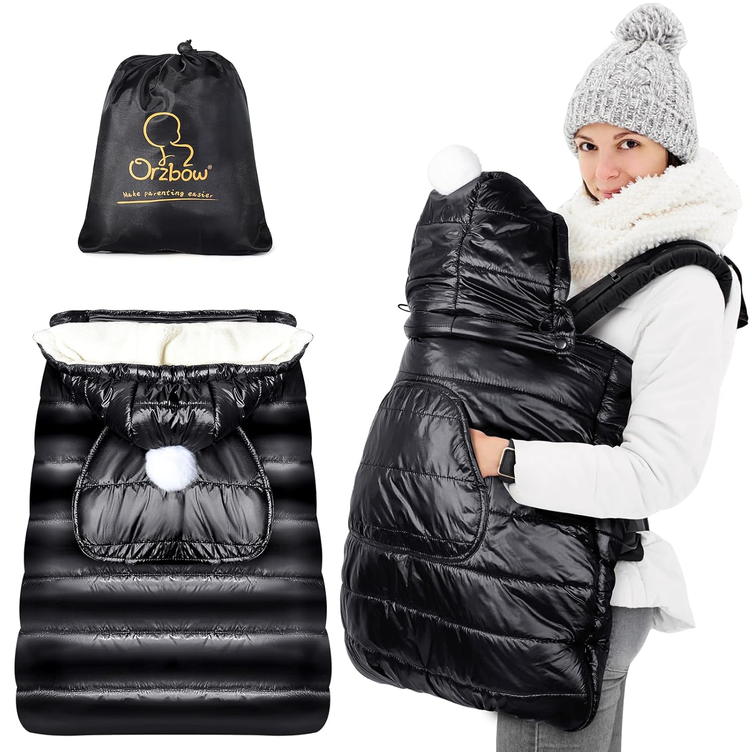 Orzbow Winter Baby Carrier Cover with Detachable Hood, Waterproof & Windproof, Universal for Carriers & Waist Stools, Baby Bunting Bag for Car Seats & Strollers with Storage Bag, Black