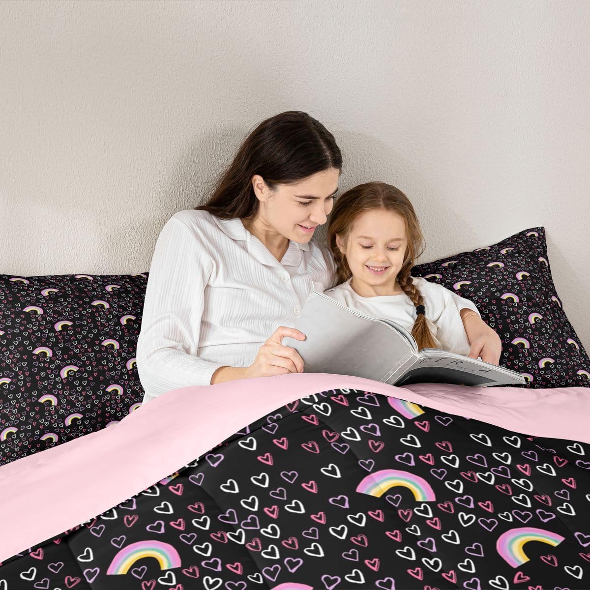 Erosebridal Girls Queen Comforter Set for Girls | Heart Rainbow Bedding Set for Teens Hand Drawn Bed Set Cartoon Love Geometric Quilt Duvet Soft Warm,3 Piece with 2 Pillowcases