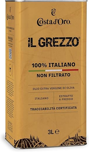 Costa d'Oro – Il Grezzo, 100% Italian Unfiltered Extra Virgin Olive Oil, Cold Extracted Immediately After Harvest, Rich in Vitamins and Natural Antioxidants 3 Litre Tin