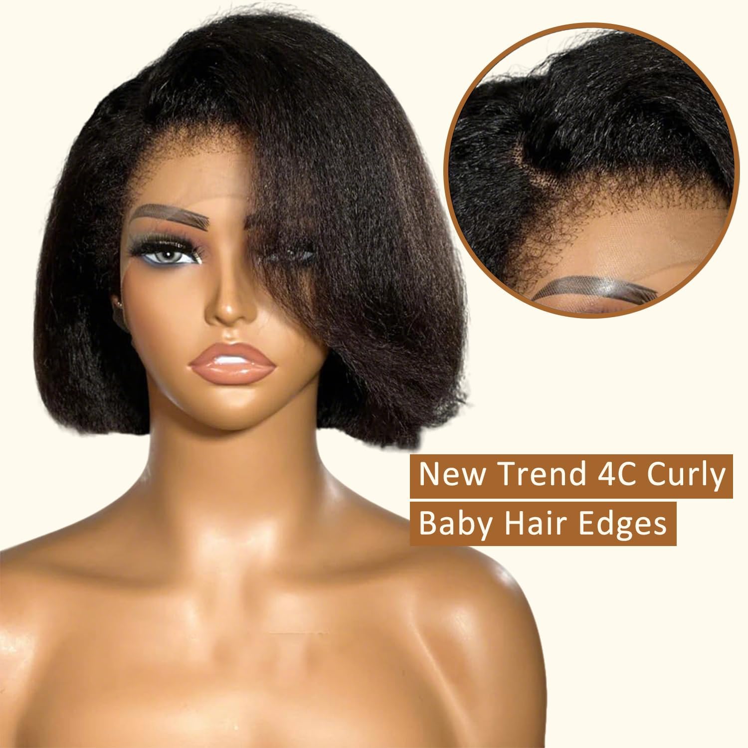 Yaki Bob 4C Edge Bleached Knots with Curly Baby Hair 13X4 HD Lace Front Wig Natural Black Pre Plucked 100% Virgin Human Hair Glueless Brazilian Remy Hair Wig 180% Density for Black Woman 10"