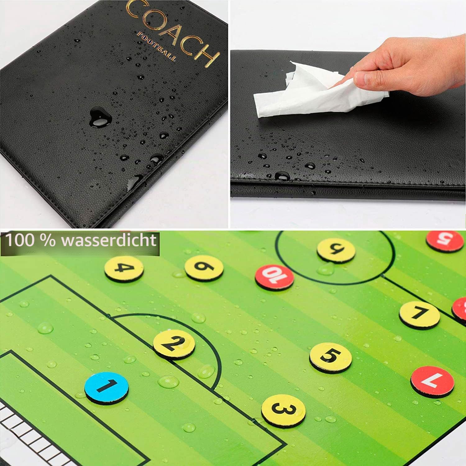 CREADY Taktiktafel Fußball, Taktikboard Fussball, Trainermappe Fußball, Taktikmappe Fußball mit Zubehör, inklusive magnetischer Chips und Zubehör zum Beschriften der Tafel.