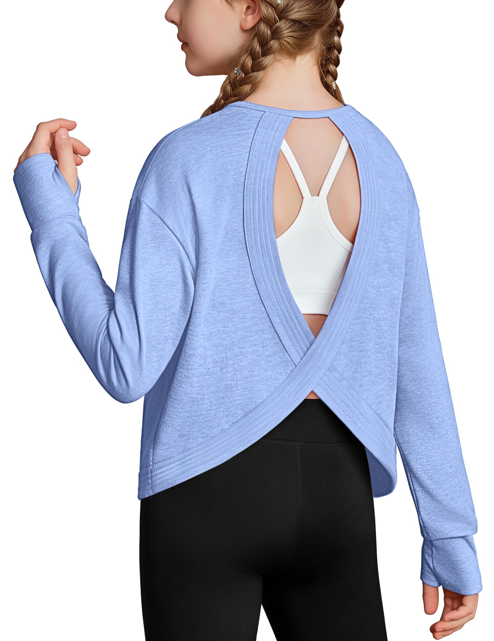 Zaclotre Girls Athletic Long Sleeve Shirts Open Back Crop Tops Workout Tee