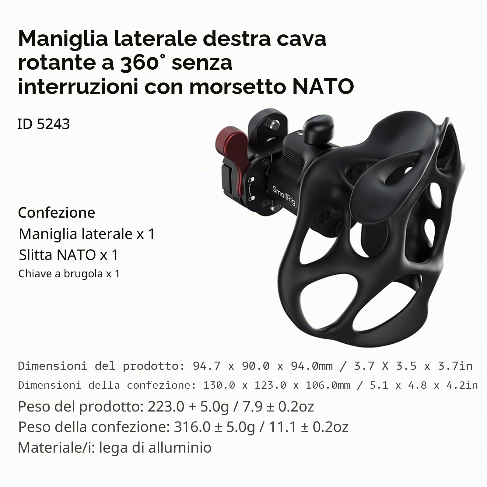SMALLRIG Maniglione rotativo a 360° con morsetto Nato, incluso nella guida Nato, carico 15kg/33lb, rilascio rapido per Cages & Shoulder Rigs – 5243