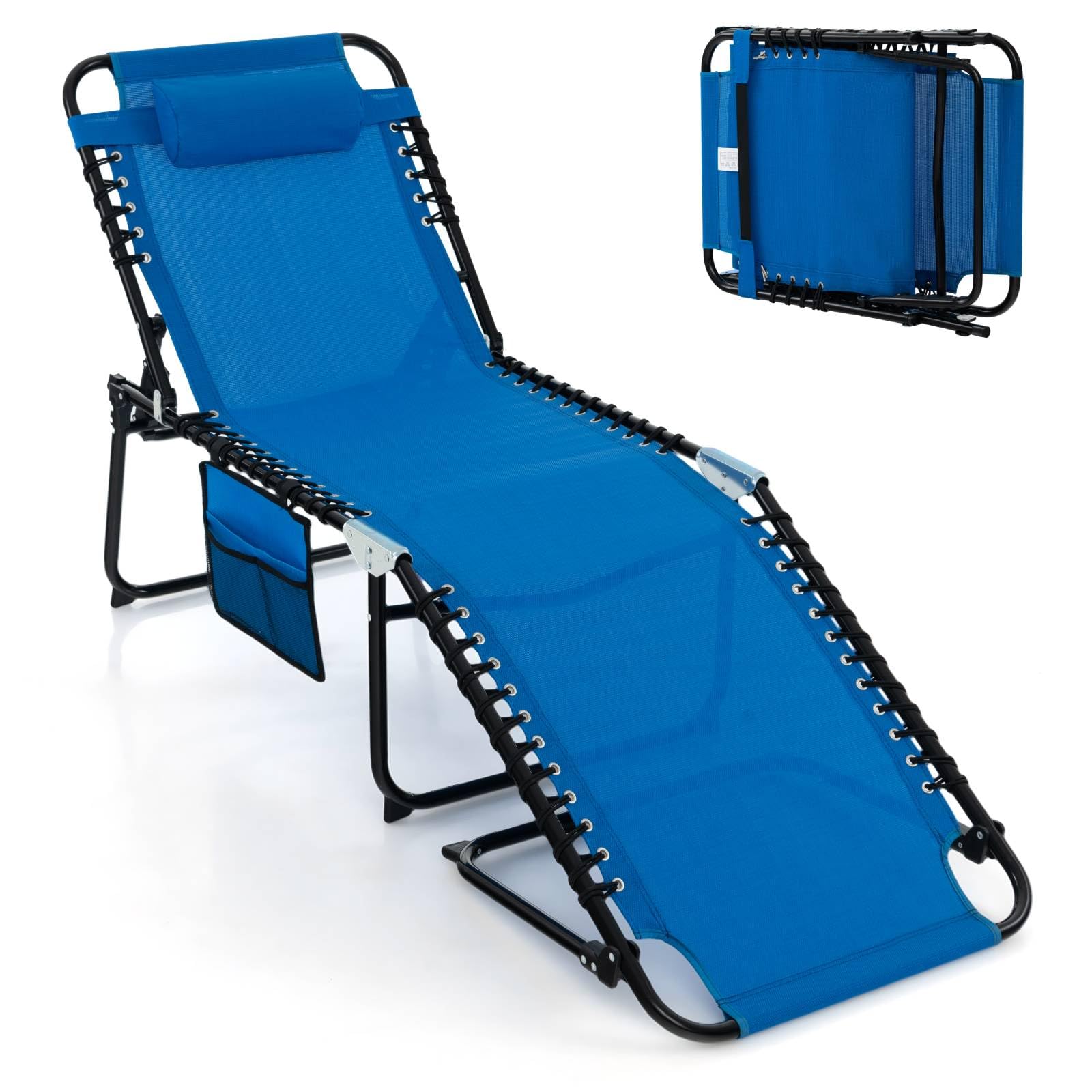 RELAX4LIFE Folding Sun Lounger, 4-Level Adjustable Patio Chaise Lounge Zero Gravity Reclining Chair with Removable Headrest & Side Pocket, Portable Outdoor Recliner Sunbed for Garden Beach (Navy)