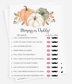All Ewired Up 50 Baby Shower Who Said It? Mommy or Daddy? (50-Cards) Fun Baby Shower Game Activity, Gender Neutral Boy or Girl, Pumpkin, Autumn