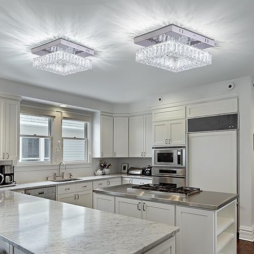 Miniatura 5 de YPQXYHDA Mini candelabros de cristal modernos cuadrados empotrados lámpara LED para pasillo, cocina, vestíbulo, comedor, diámetro 9.8 pulgadas, 18 W