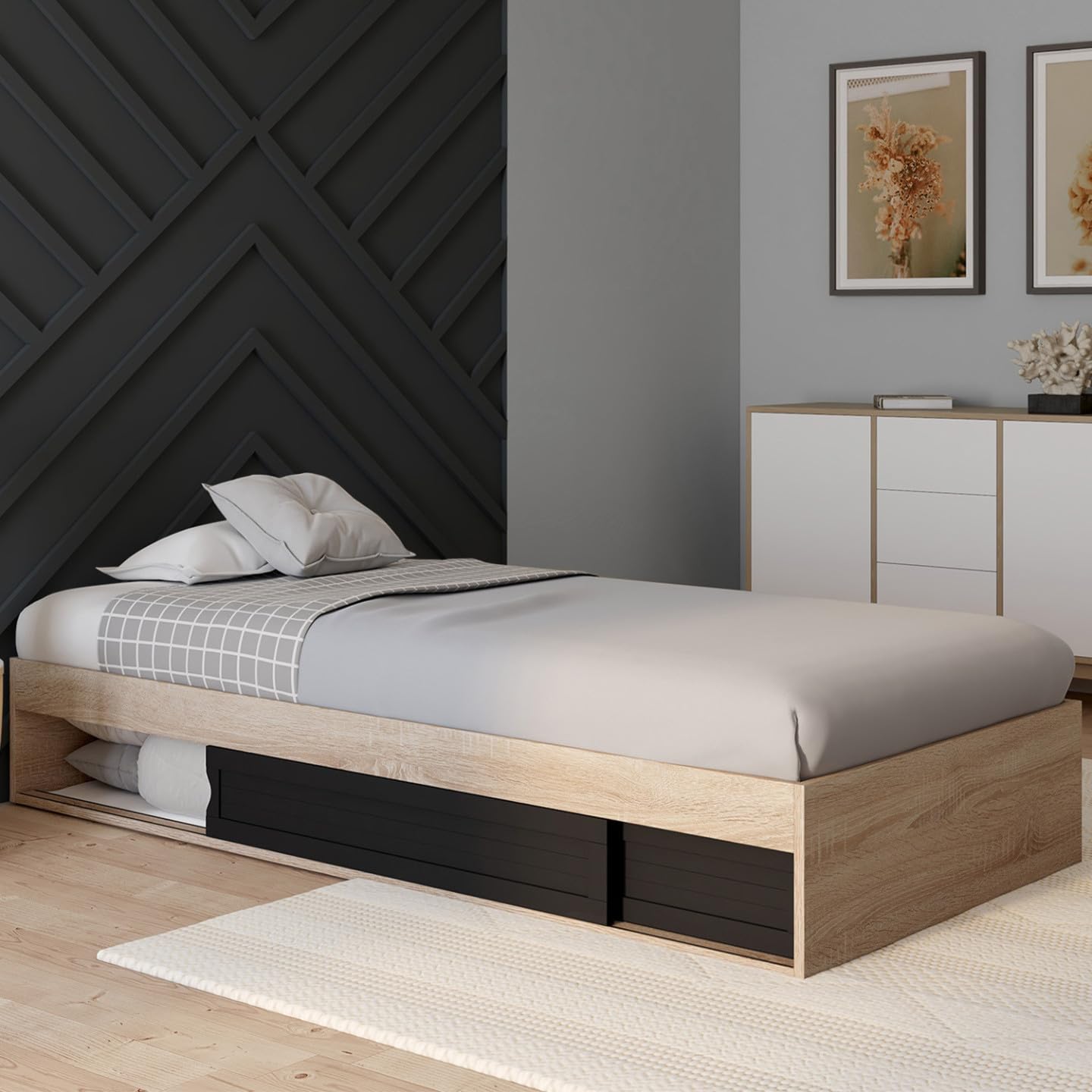 IDMarket - Cadre de lit Simple Salem hêtre et Noir 90 x 190 cm
