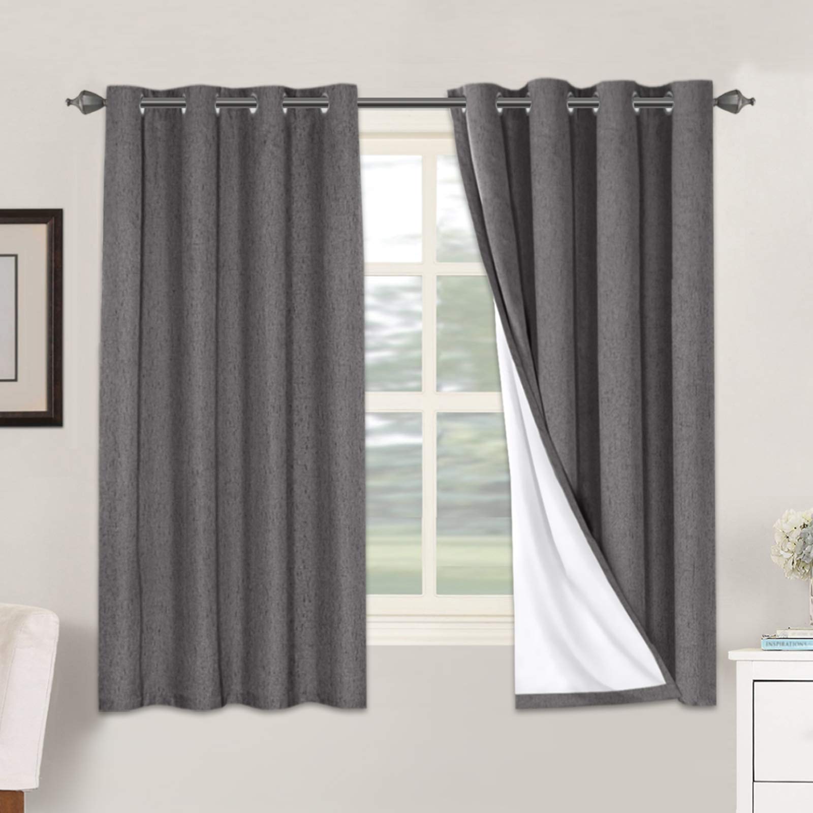 linen blackout curtains 63 inches long 100% absolutely blackout thermal insulated textured linen look curtain draperies anti-rust grommet, energy saving with white liner, 2 panels, grey