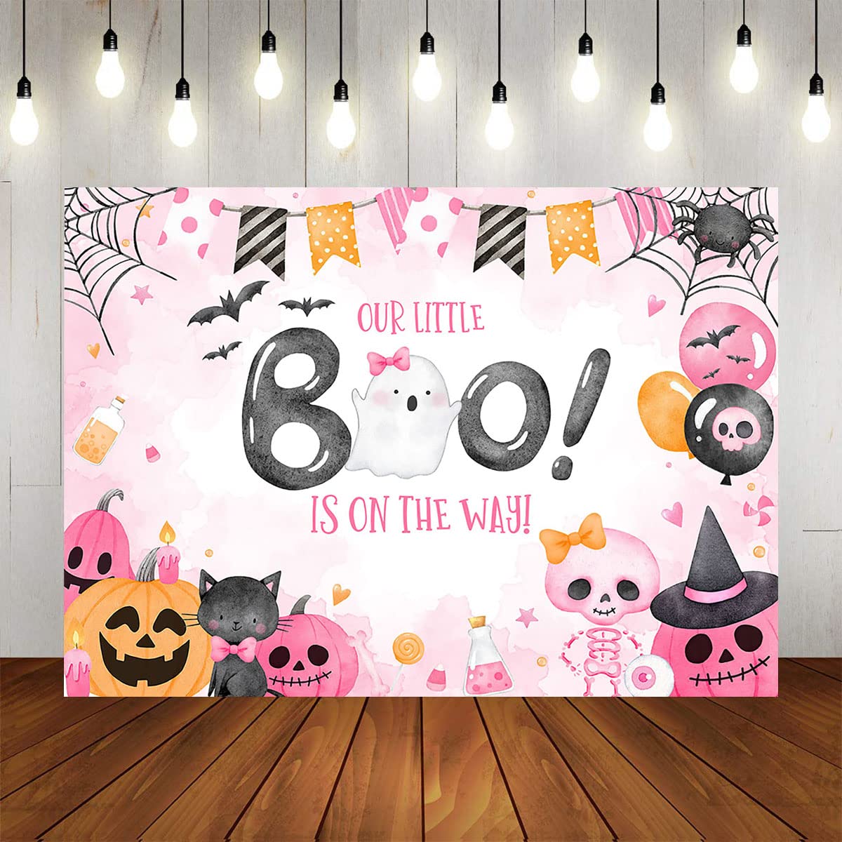 Halloween Baby Shower Backdrop - Pink Ghost Bat Banner 70.8x43.3 Inch Photo Background