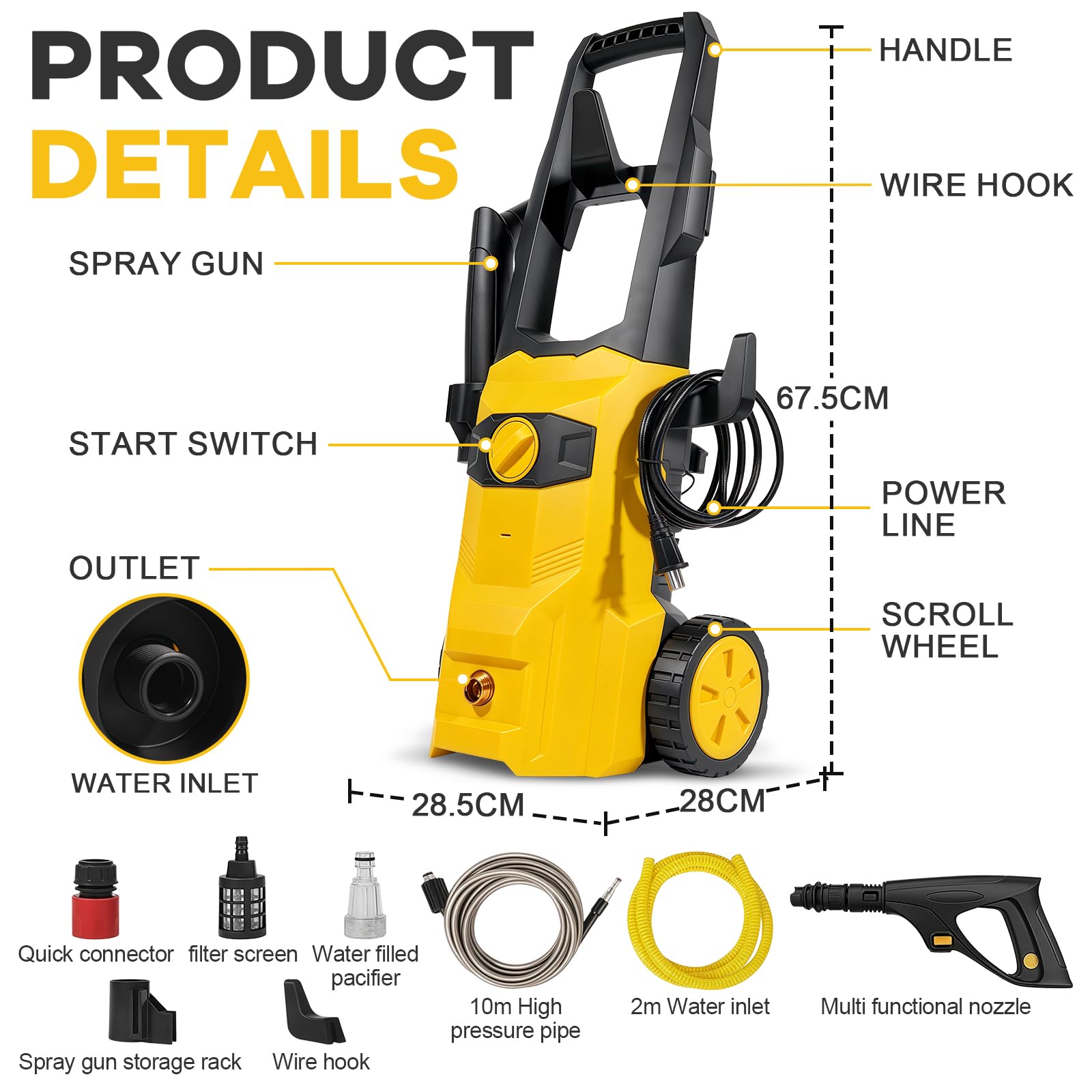 Roadtime Rondella ad alta pressione, pressione max. 3,6 MPA, portata 3,7 l/min, pulitore portatile con tubo di scarico dell'acqua da 10 m e tubo di ingresso dell'acqua da 2 m, Power Jet con pistola
