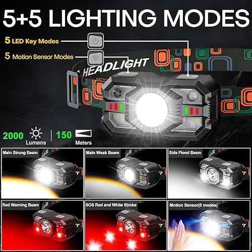 Miniatura 3 de Linterna recargable para la cabeza, paquete de 3, 2000 lúmenes, faro LED súper brillante con luz roja, sensor de movimiento para adultos y niños,