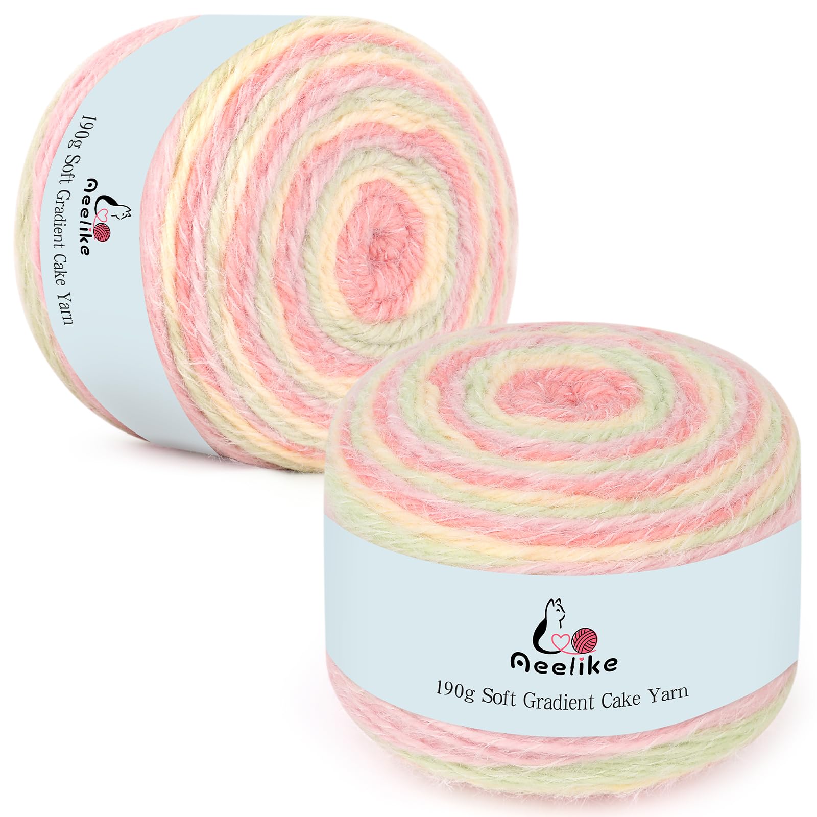 Aeelike Ombre Yarn Cake 2 x 190g - 71% Acrylic 29% Nynon - Soft Fluffy Plush Rainbow Ombre Yarn for Crochet, Gradient Wool Cakes for Knitting Baby Blankets Socks Hats Scraves - Macaron