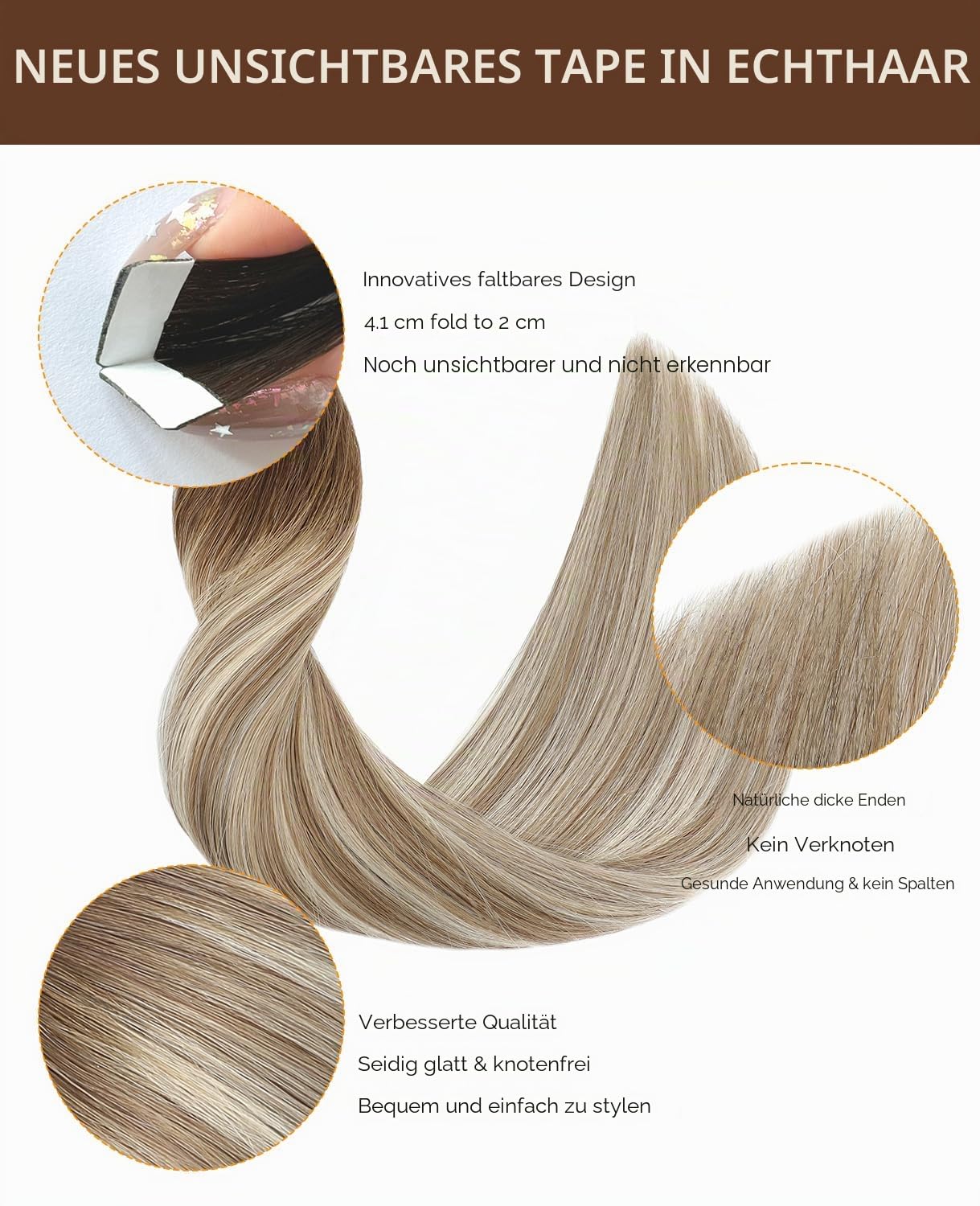 VINBAO Invisible Tape Extensions Echthaar Blond Ombré Dunkelbraun bis Hellbraun mit Dunkelblond Klebe Extensions Echthaar 20pcs 50g 55cm Seamless Tape in 22 Zoll #3/8/22