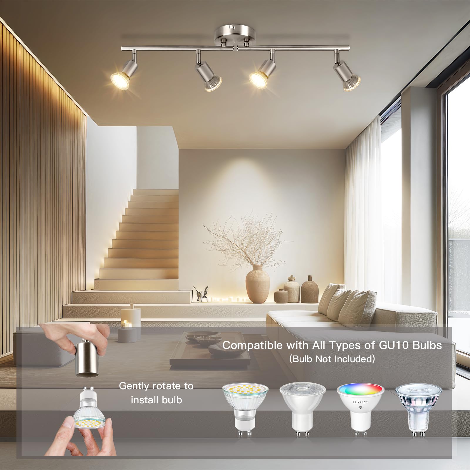 Obrotowy reflektor sufitowy - niklowana matowa 4-drożna lampa sufitowa GU10 LED Zakres LED 350° nowoczesne lampy do kuchni, salonu, bez żarówek