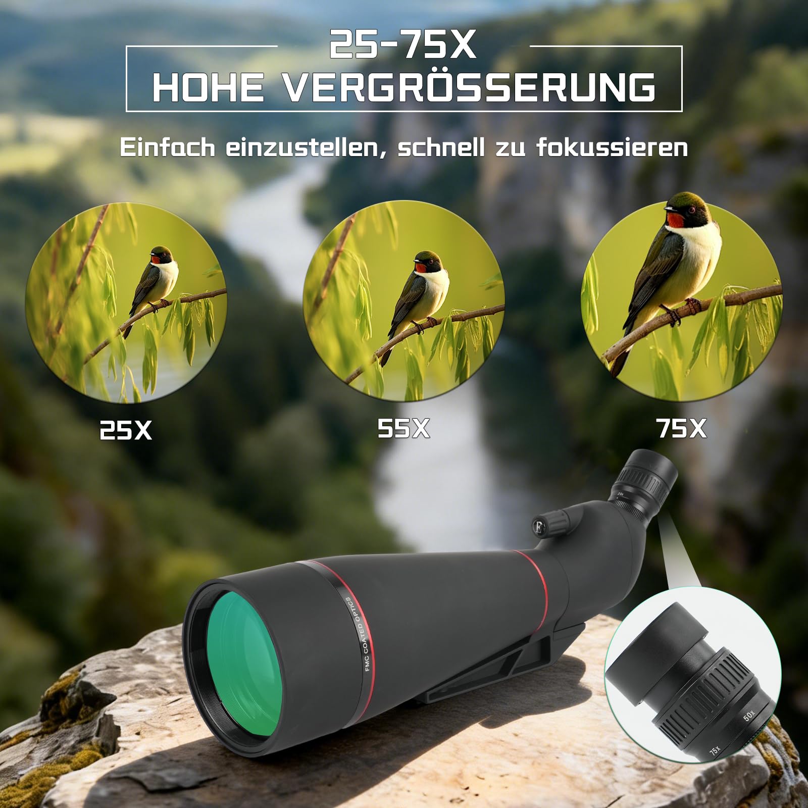 25-75x100 HD Spektiv Sportschützen mit Stativ für Jagd | HD-Optik-Zoom Spektiv mit Stativ Telefon Adapter und Tragetasche - Wasserdichtes für Zielschießen,Vogelbeobachtung