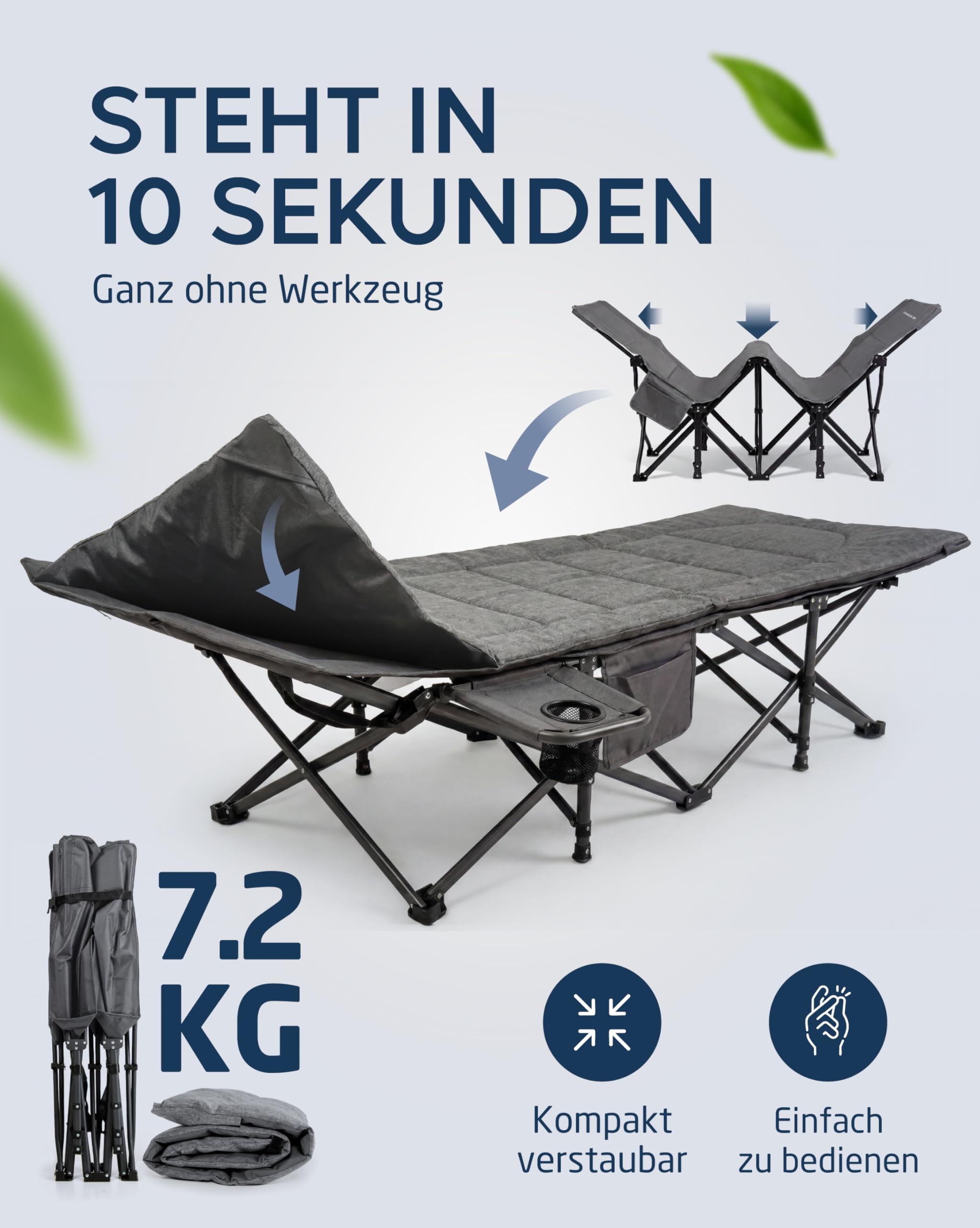 NORDMUT® Feldbett klappbar mit komfortabler Matratze - stabiles Campingbett bis 200 kg belastbar - Premium Gästebett faltbar für Camping, Garten & Gäste (Aschgrau, mit Auflage)