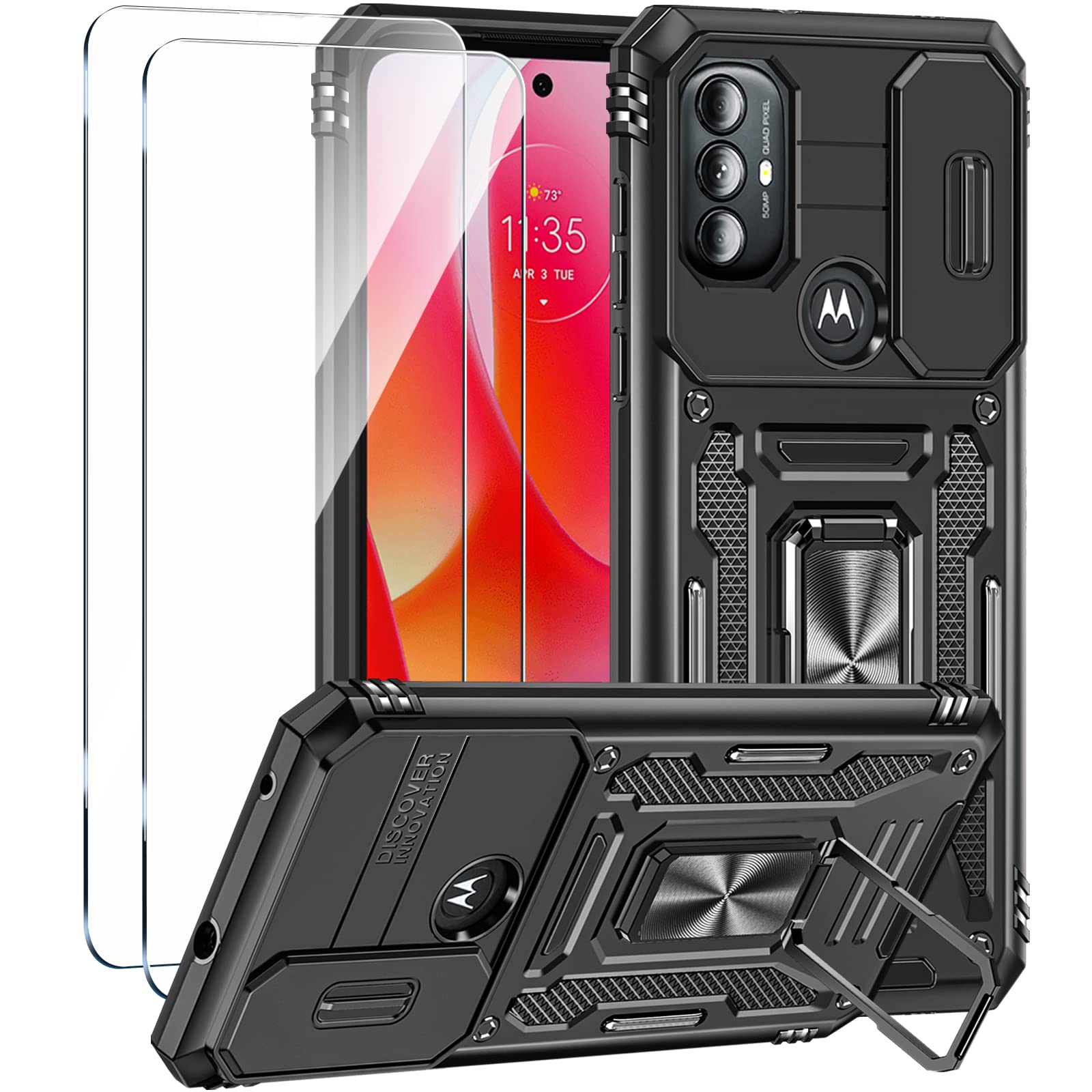 Muntinfe for Moto G Pure Case, Moto G Power 2022 Case with Slide Camera Cover + [2 Pack] Tempered Glass Screen Protectors, Military-Grade Phone Case with Kickstand for Motorola G Pure, Black