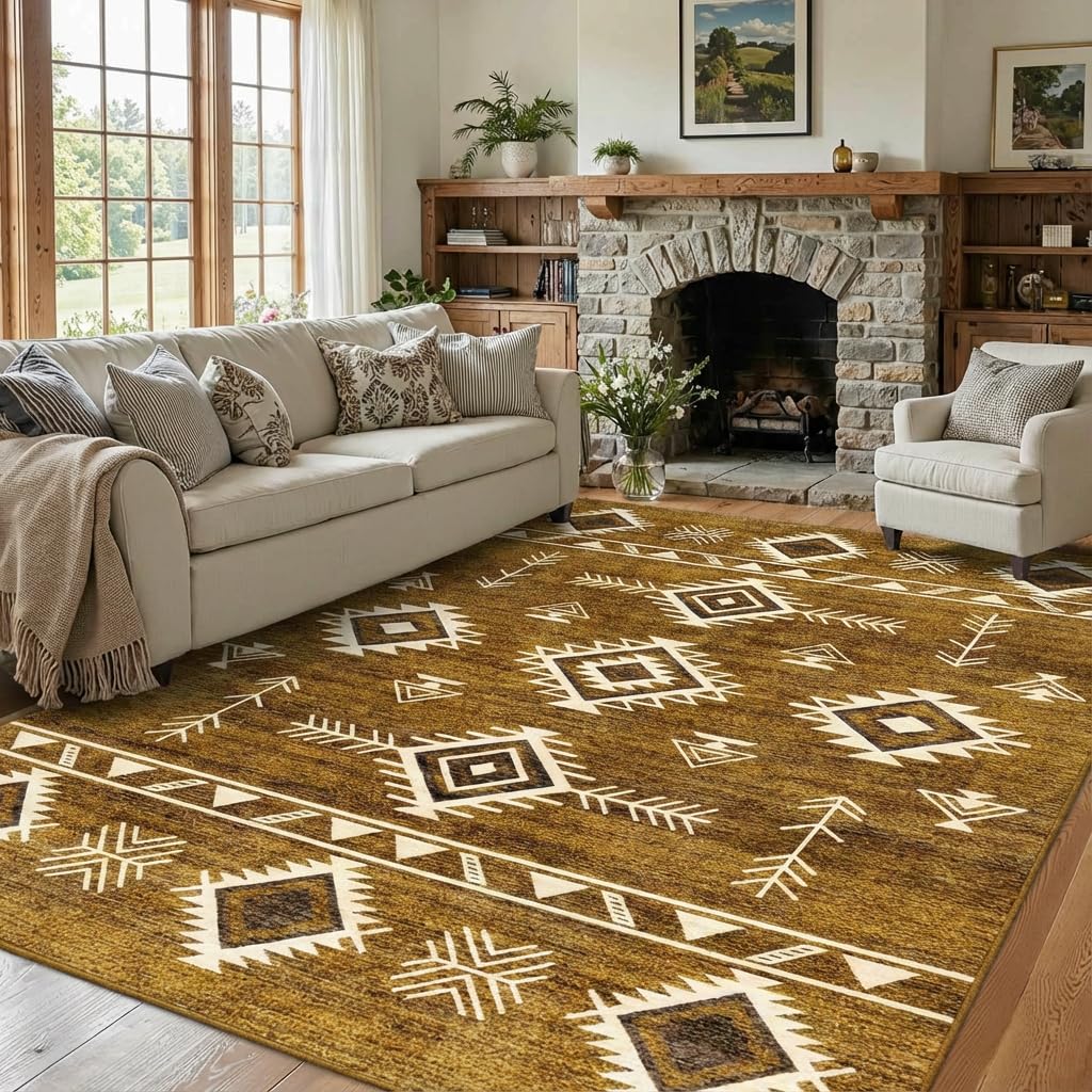 Photo 1 of BreezeRise 5x7 Area Rug Southwestern Tribal Geometric Rug with Non Slip Backing, Washable Low Pile Warm Dark Brown Cream Carpet for Bedroom, Living Room, Dining Room, Home Office