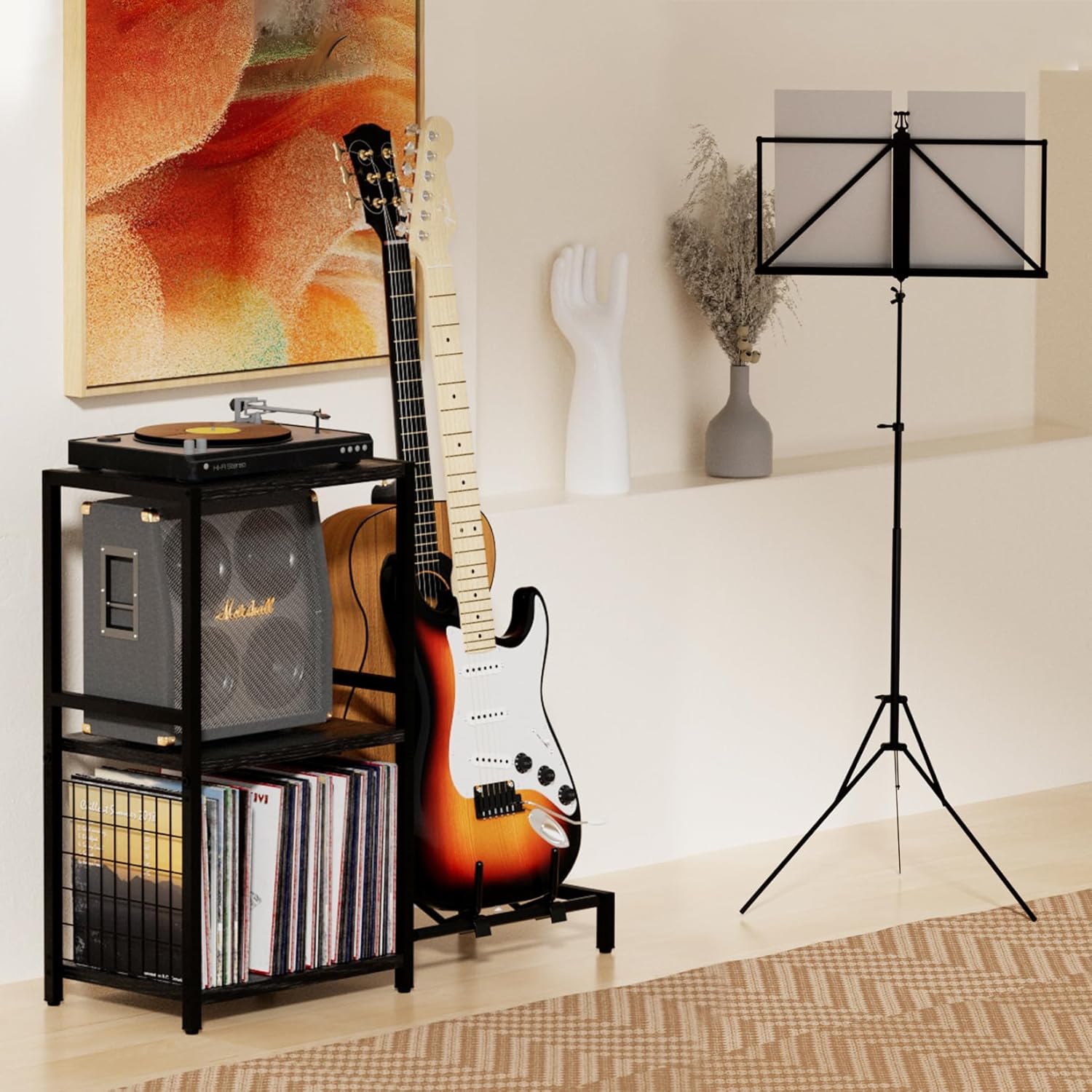 End Table with Guitar Stand,Record Player Stand,Vinyl Records Storage,2-Tier Guitar Stand for Acoustic, Electric Guitar,Bass,Turntable Stand Side Table for Music Room Studio Living Room-Black