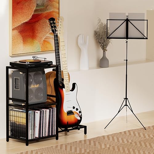 Miniatura 2 de End Table with Guitar Stand,Record Player Stand,Vinyl Records Storage,2-Tier Guitar Stand for Acoustic, Electric Guitar,Bass,Turntable Stand Side