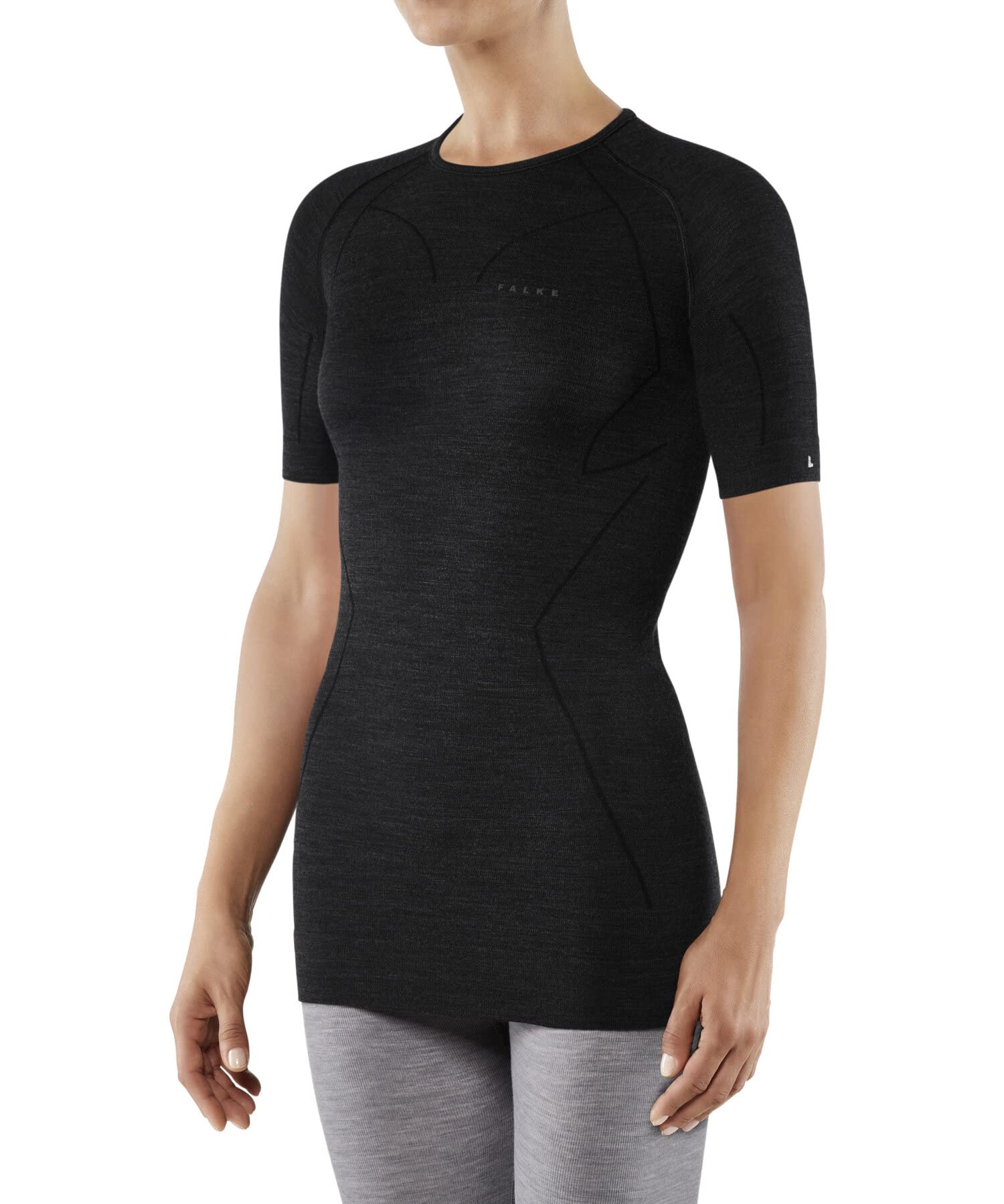FALKE Damen Wool Tech. Funktionsshirt Kurzarmshirt Wolle Schwarz Grau Atmungsaktive Unterwäsche zum Sport sehr warm schnelltrocknend für kalte bis sehr kalte Temperaturen 1 Stück