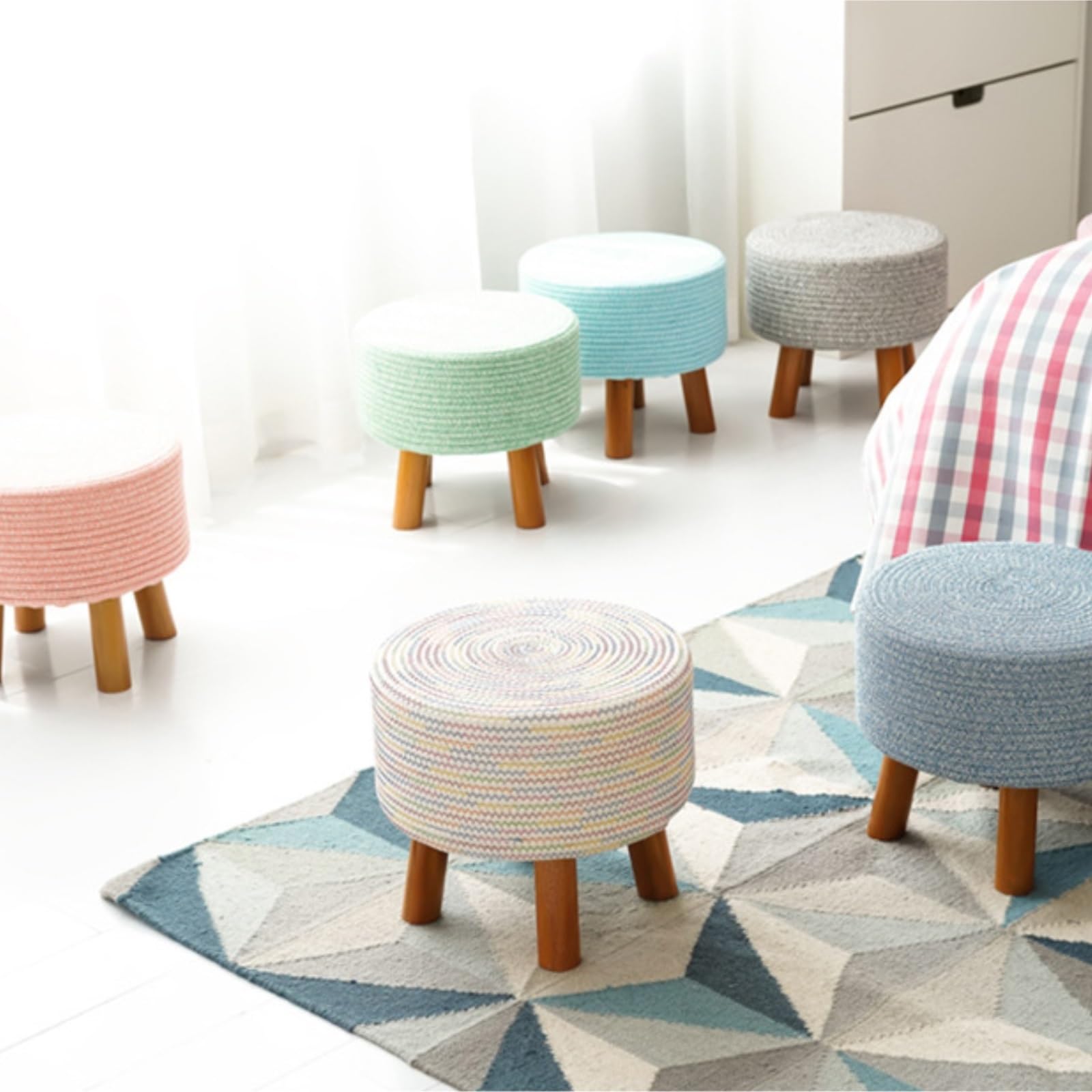 Ottomana Salón Reposapiés Redondo De Hilo Algodón con Patas Madera Maciza For Uso Doméstico Asiento Extra(Grün)