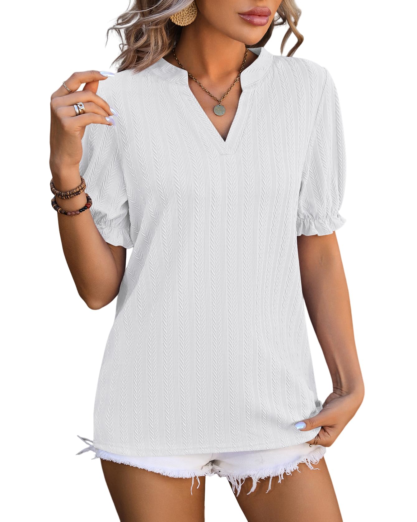 Atxnn Blusa Mujer de Manga Corta Puff Camiseta con Cuello en V Camisa Elegantes de Verano Top de Trabajo para Fiestas
