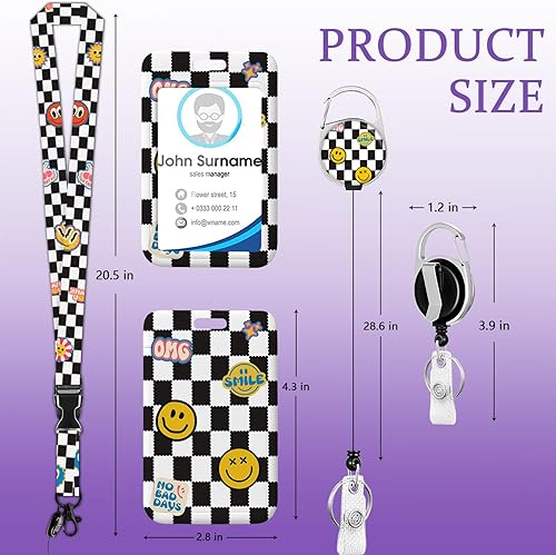 Miniatura 4 de Cordones de cara sonriente para insignias de identificación para mujer, lindo soporte de rejilla en blanco y negro con soporte retráctil de cordón,