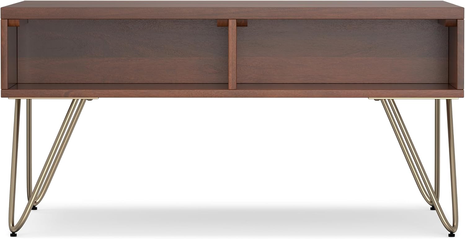 SIMPLIHOME Hunter Small Lift Top Coffee Table - 36 inch Wide Solid Mango Wood and Metal Industrial Cocktail Table in Umber Brown, Living Room Table with Hidden Storage, 2 Cubbies, and Hairpin Legs