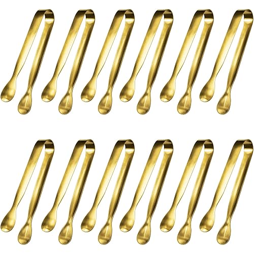 JCREN 12 Pcs Serving Tongs, Small Serving Utensils for Parties Catering Gold Tongs, Food-Grade 304 Stainless Steel Mini Appetizer Tongs for Tea Party Coffee Bar, 4" Sugar Tongs - Gold
