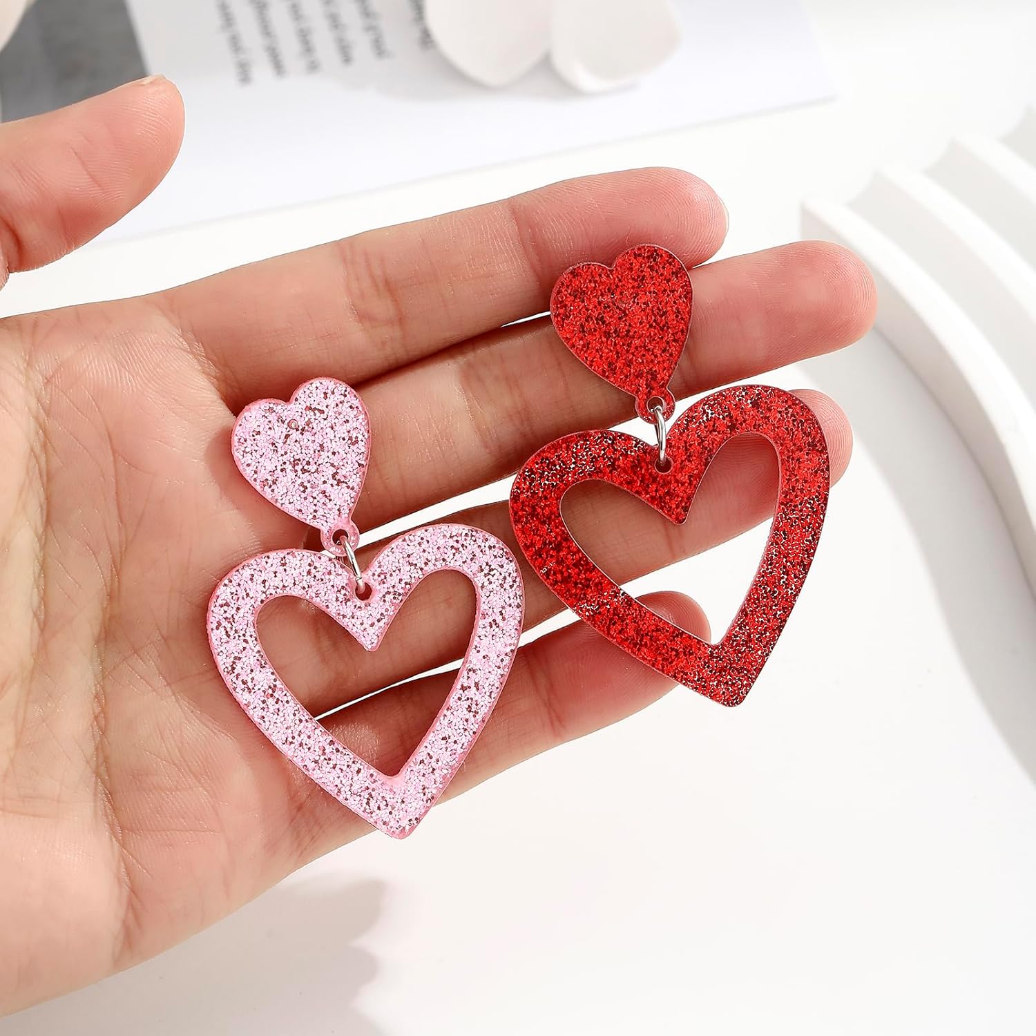 Sparkly Glitter Open Heart Dangle Post Earrings for Women, Hypoallergenic Acrylic Hollow Heart Drop Earrings, Sweetheart Everyday Jewelry, Gift for Valentines Day Christmas Mothers Day - Image 7