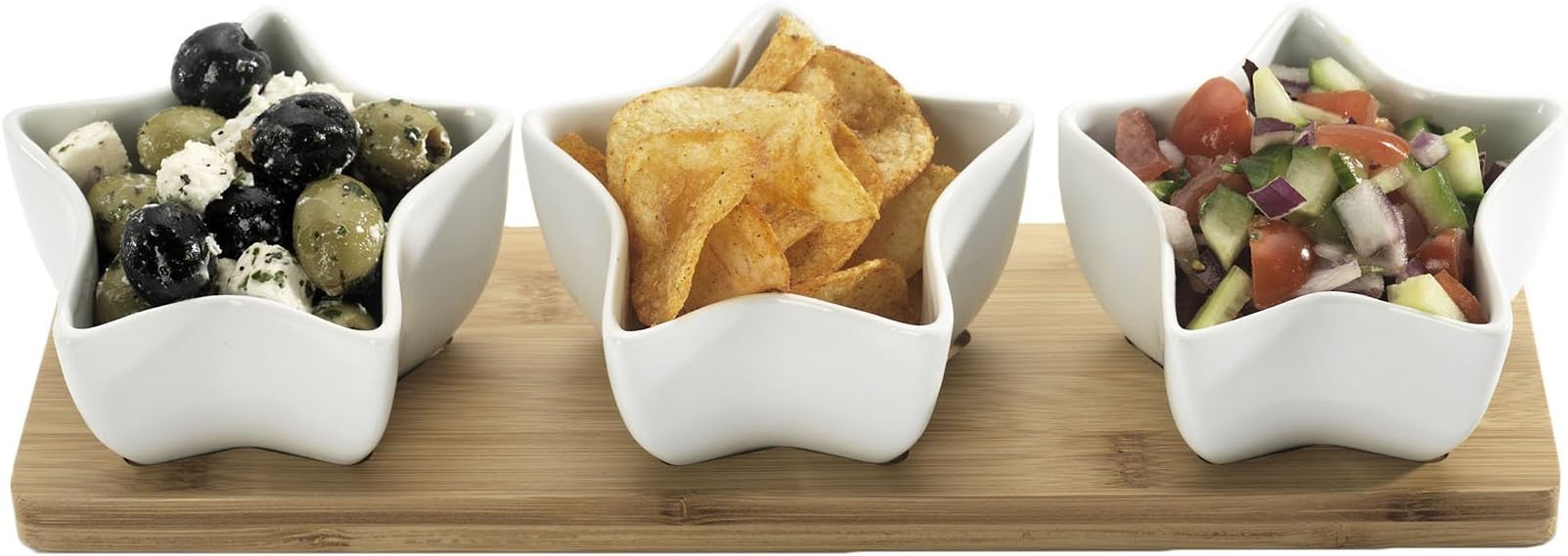 Occasion Star Shape Ceramic Dip Set with Bamboo Serving Board