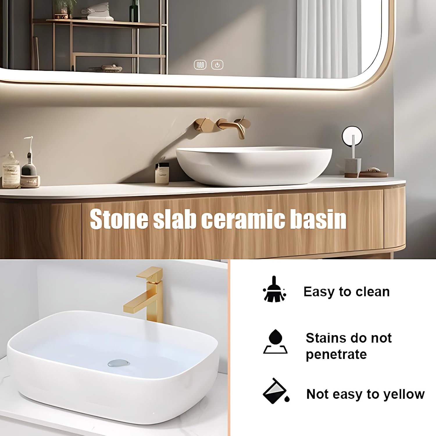 Bathroom Vanity - Floating Vanity with Sink & 2 Drawers, Includes Smart LED Defog Mirror, One-Touch Defog & LED Lighting, Solid Wood Multifunctional Cabinet (Wood,60IN)