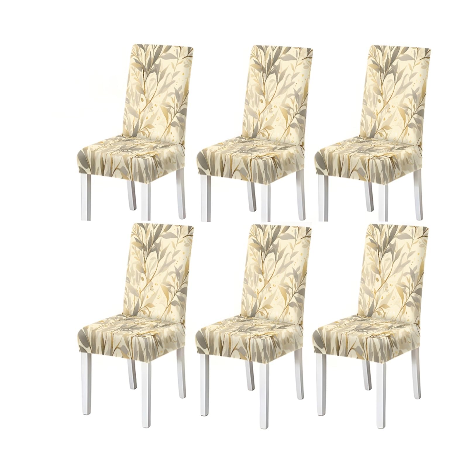 FZJKGH Beige Botanical Leaf Pattern Print Dining Chair Covers Set Of 2/4/6, Neutral Stretch Slipcovers For Dining Room Removable Stretch Slipcovers for Dining Chairs(6PCSChair cover)