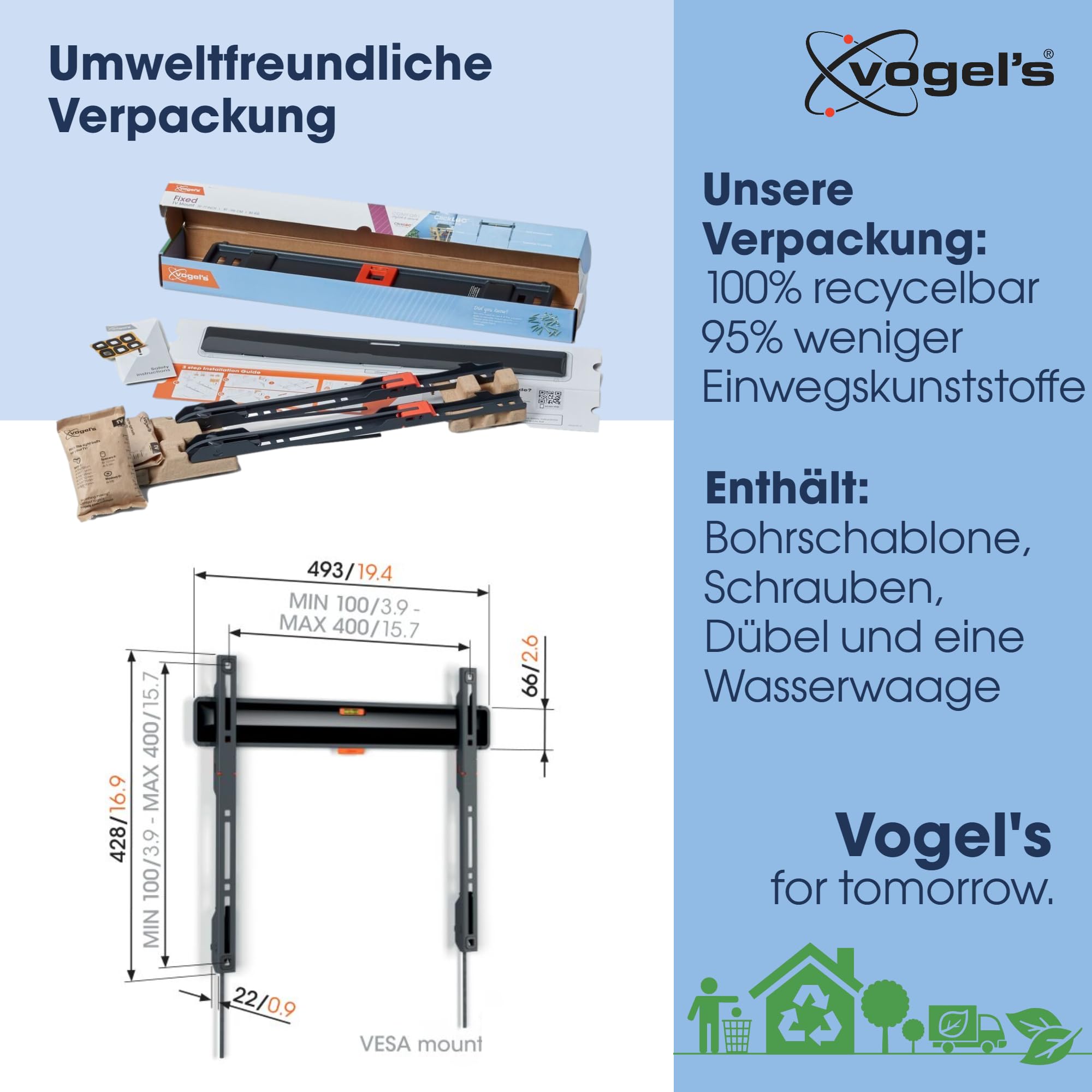 Vogel's TVM 3405 Flache TV-Wandhalterung für 32-77 Zoll, max. 50 kg, VESA 400x400, Abstand 2,2 cm