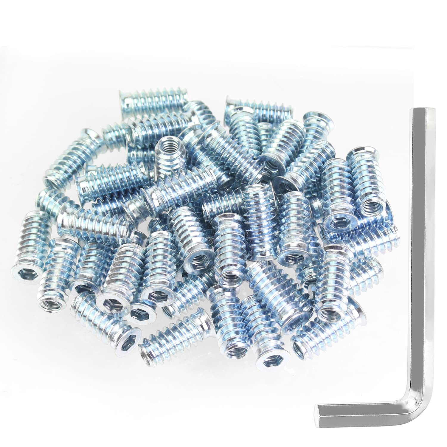 Kindroufly 31pcs 1/4"-20 x 25mm Blue Zinc Plated Carbon Steel Wood Nut Inserts with Hex Wrench