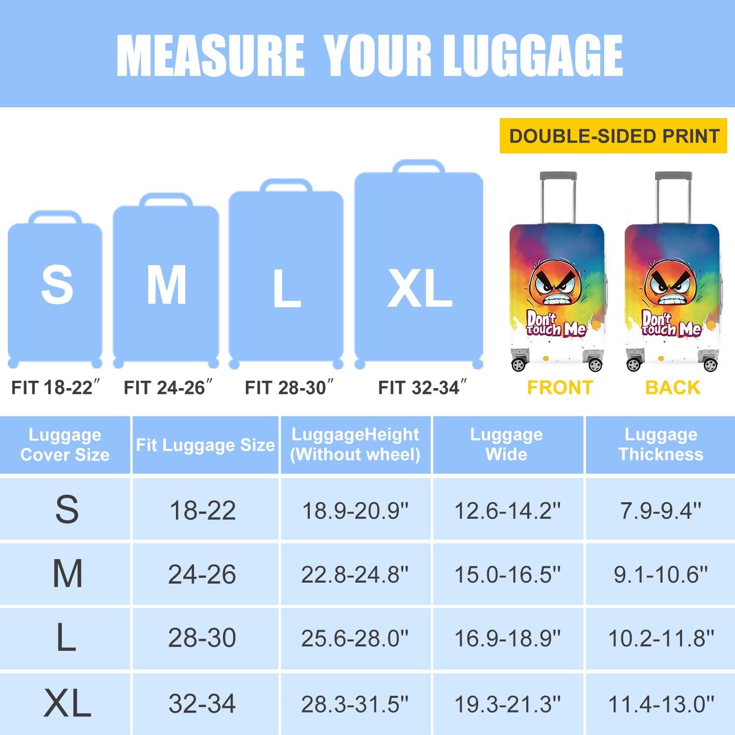 Colorful Angry Face Luggage Cover – Rainbow Gradient Suitcase Protector with “Don’t Touch Me” Message – Fits 32-34 Inch Luggage – Stretchable, Scratch-Resistant Travel Cover