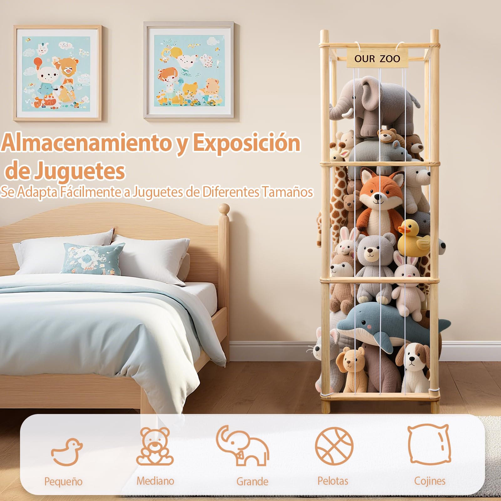 Organizador de Peluches, Gran Capacidad (136x40x40 cm), Ahorro de Espacio en Madera para Niños, Habitación, Sala de Juego, Dormitorio, Sala de Estar