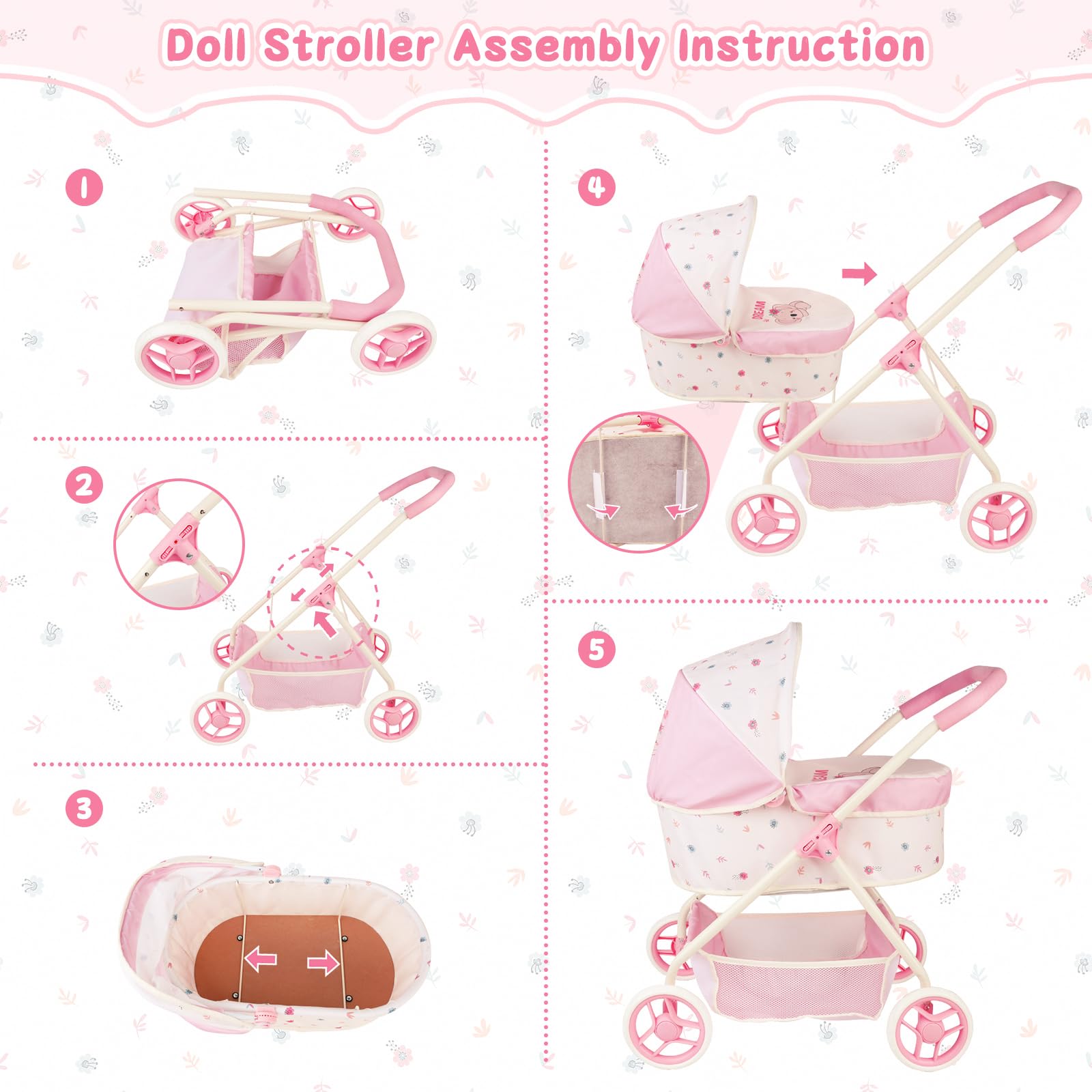 deAO Poussette Poupee 2 en 1 avec Capote pour Poupées 60 * 49.5 * 36.5cm | Roues Silencieuses pour Intérieur et Extérieur, Compacte, Landau et Canne pour Poupées jusqu'à 38 cm