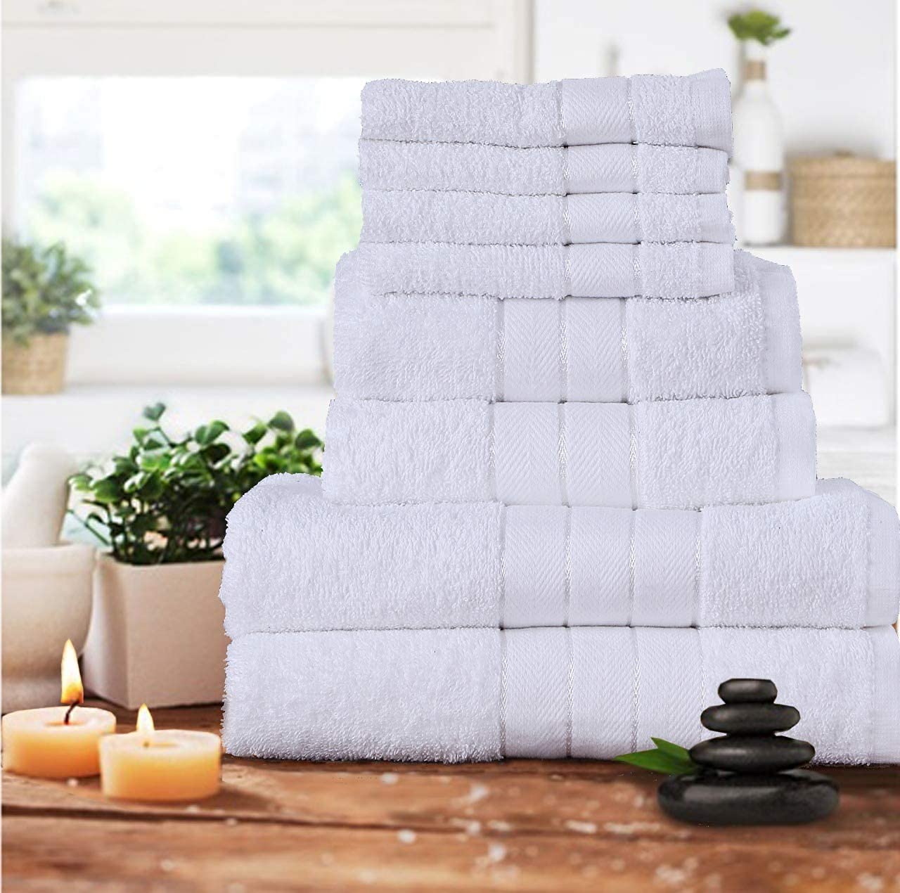 AMBERLINNEN LTD Luxury 100% Combed Cotton 8PC Towel Bale Set Bath Hand Face Bathroom Towels Set (White)