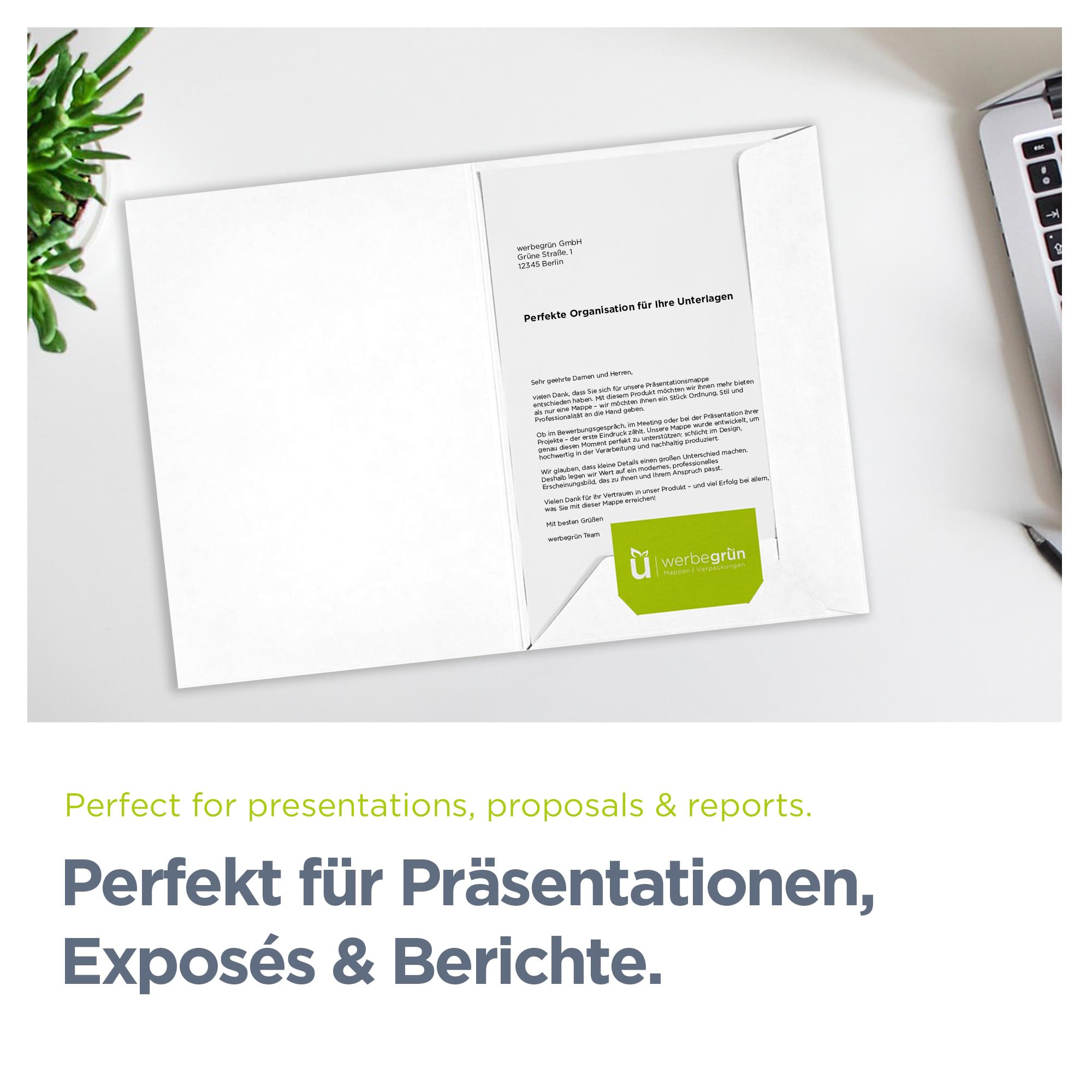 100 x Präsentationsmappe für A4 in weiß, FSC® MIX 70%, sehr stabile Dokumentenmappe 320g/m² Karton mit Visitenkartenschlitz, passt in C4-Umschlag, Made in Germany, direkt vom Hersteller Werbegrün