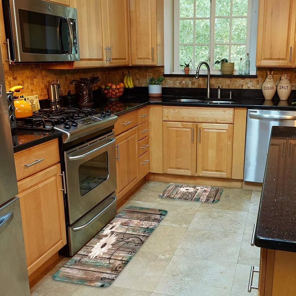 Rustic Flower Kitchen Rug Sets of 2 Pieces,Daisy Flowers Butterfly Vintage Floral on Barnwood Old Wooden,Comfort Standing Floor Mats Anti Fatigue Non-Slip Bathroom Runner Rug Washable Chef Sink Mat - Image 2