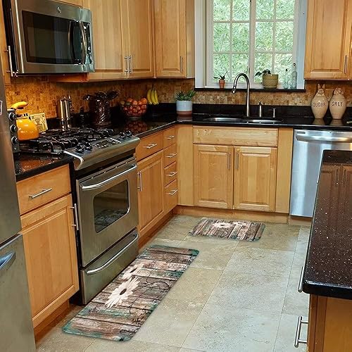 Miniatura 2 de Juego de 2 alfombras de cocina rústicas con diseño de flores, margaritas, mariposas, vintage, floral, sobre madera de granero, cómodas alfombrillas