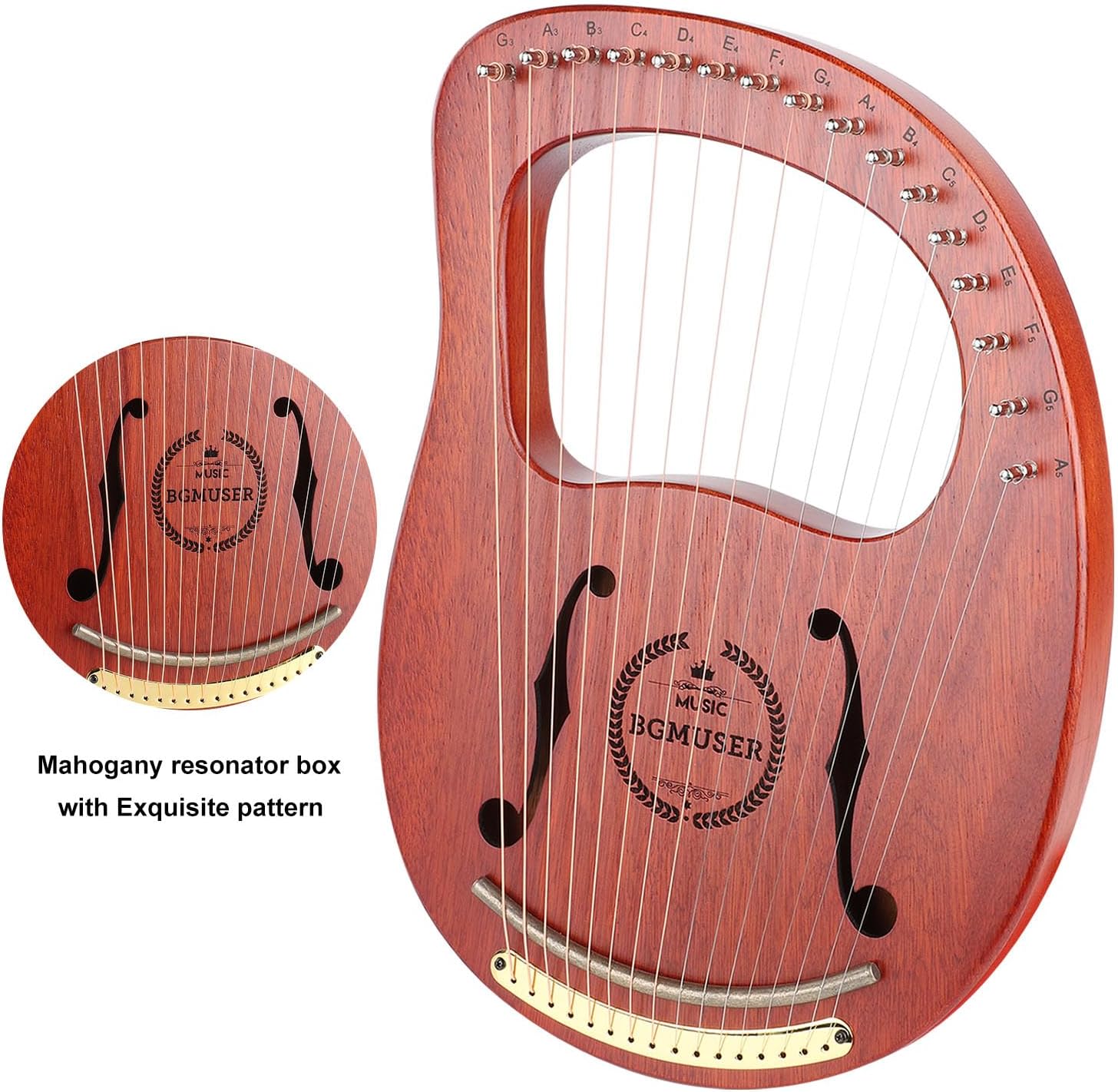 Lyre Harp 16 Metal Strings,Mahogany Body and Copper Saddle,Professional Mini Harp Instrument Gift with Bag,Tuning Wrench,Spare Strings