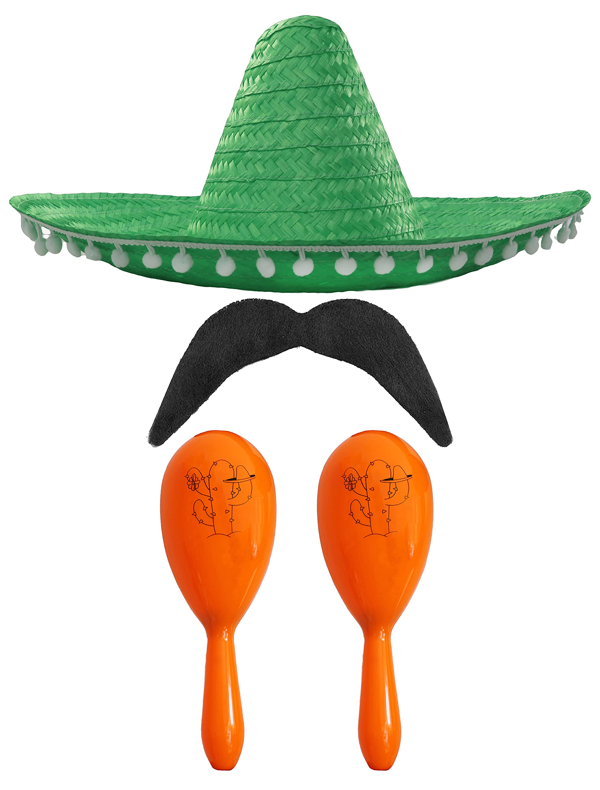 Adults Mexican Accessory Set - Green Mexican Sombrero, Orange Maracas, Moustache - Mexican Cinco de Mayo Sensorita Bandit Mariachi Fancy Dress Costume Accessory Set โ image 1