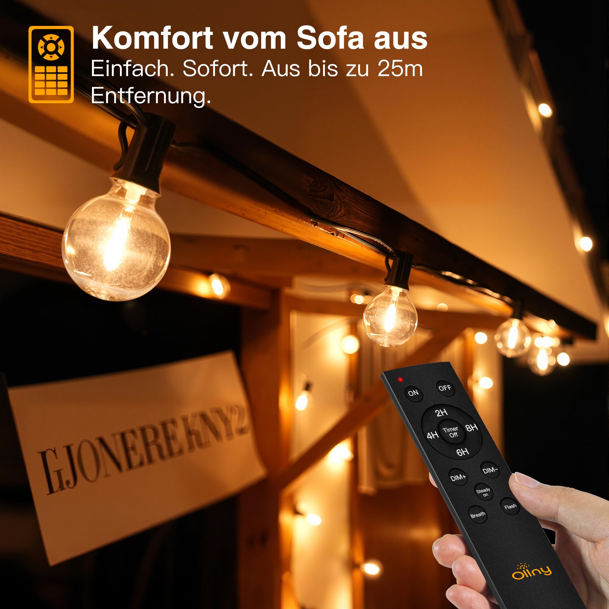 Ollny Guirlande lumineuse LED 20M extérieure, dimmable, 25+2 ampoules G40, télécommande, 3 modes, 4 minuteries, étanche, pour jardin balcon terrasse (Blanc chaud)