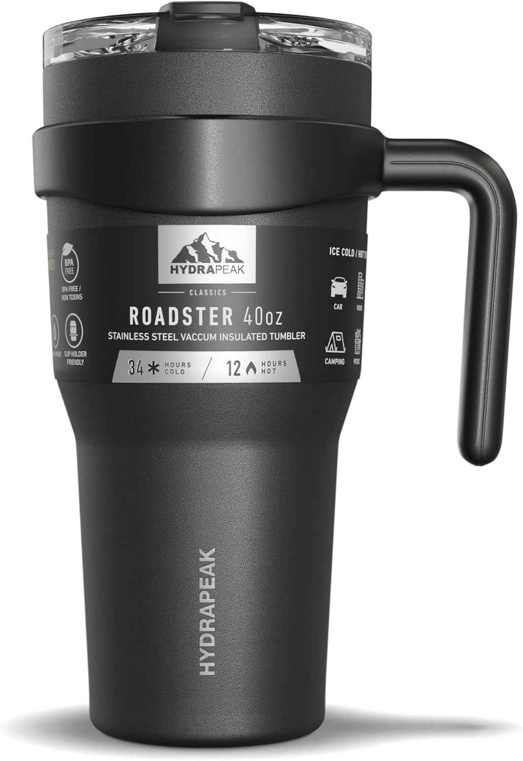 Hydrapeak Roadster 40oz Stainless Steel Tumbler Double Wall Vacuum Insulated Water Bottle With Handle And 2 in 1 Straw Lid (Black) - Image 7