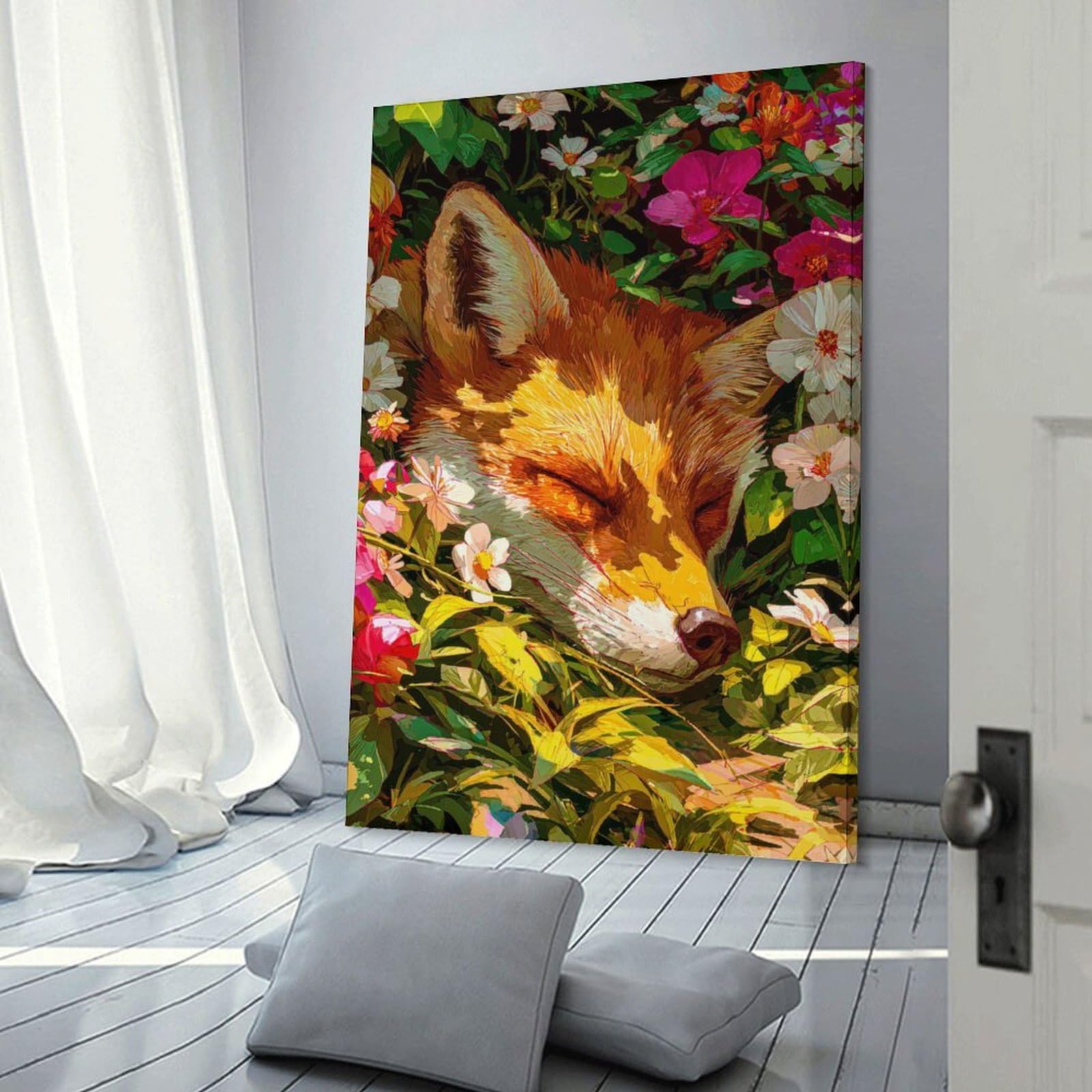 Junmoney Sleeping Fox Among Flowers Canvas Wall Decor, 24x36inch(60x90cm), for Bedroom, Guest Room Or Reading Nook, Canvas Wall Decor for Personal Spaces