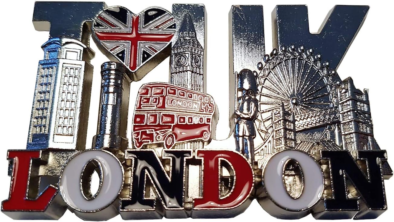 My London Souvenirs Metal Silver Decorative Magnet, Large, London Icons and Word, I Love UK with Union Jack Heart, 1 Piece, UK