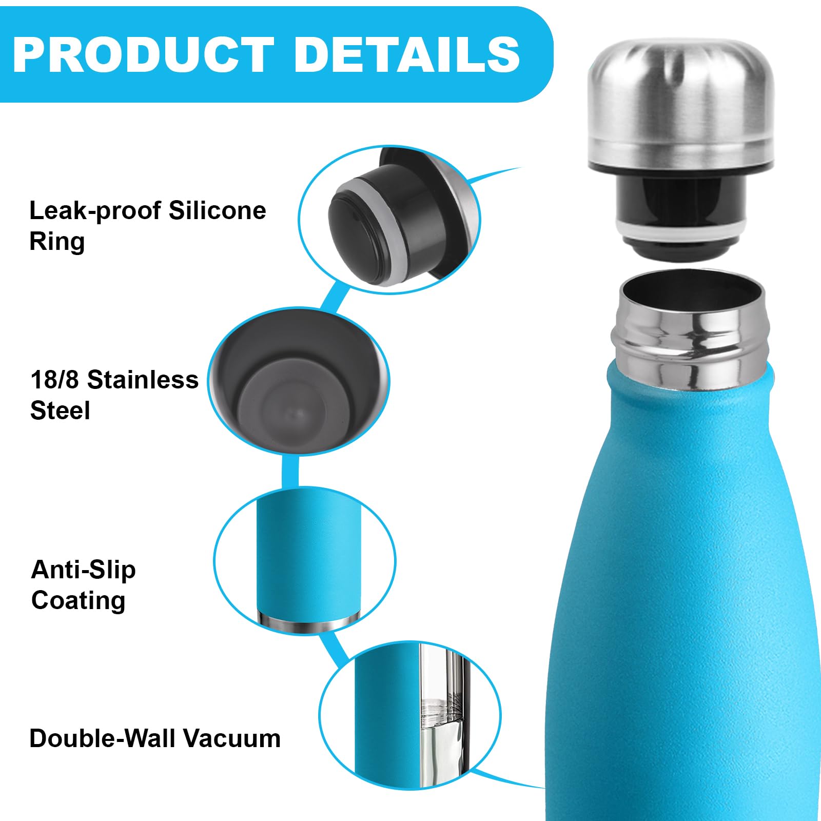 Borraccia Termica, 500 ml Borraccia Acciaio Inox, Borracce Termiche, Senza BPA, Borraccia Scuola, Senza Perdite, Borraccia Piccola, Acciaio Inossidabile 18/8, Borracce per Scuole, Viaggio, Campeggio